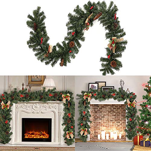 teyiwei 6FT/1.8M LED Christmas Pre-Lit Garland,Artificial Wreath with Bowknot Red Berries Pine Cones,christmas garlands Suitable for Fireplace/Bar/Tops/Staircase/Door(No Battery)