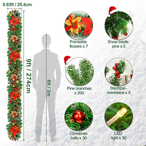 Christmas Garland with Lighting, 270 cm, Warm White Christmas Garland, Artificial Christmas Decoration Garland for Interior Decoration, Fireplaces, Stairs, Wall Door Home Decorations