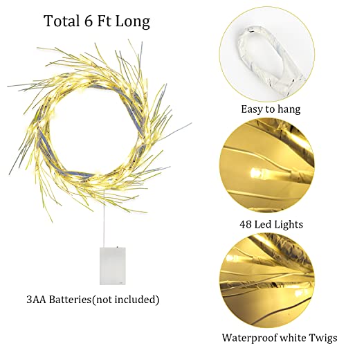DERAYEE Christmas Decorations 1.8m/5.9ft White Garland with 48 LED Battery Operated Lights Waterproof Lighted Willow Vine Twig for Indoor Home Garden Wall Fireplace Party Decorations