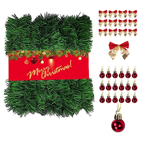 NefLaca 72FT/22M Christmas Garland with 48Pcs Christmas Bows 45Pcs Christmas balls Decoration Artificial Pine Garland for Outdoor Indoor Christmas Home Garden Holiday Wedding Party Stairs Fireplace