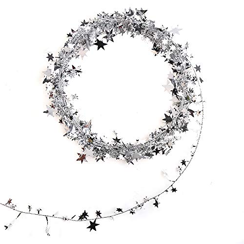 VEYLIN 25ft Star Shaped Tinsel Wire Garland for Christmas Trees Decoration (Silver)