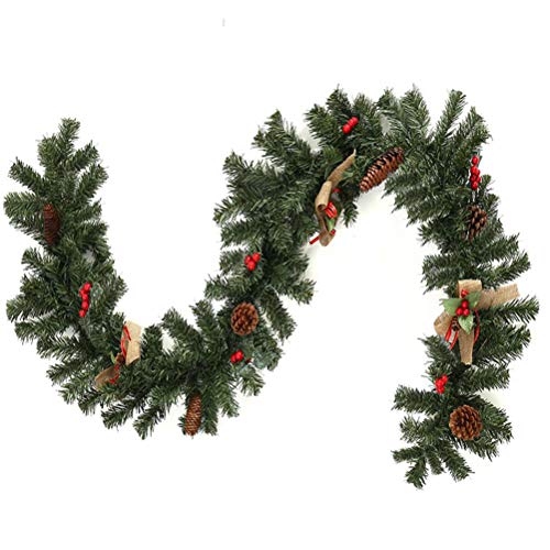 teyiwei 6FT/1.8M LED Christmas Pre-Lit Garland,Artificial Wreath with Bowknot Red Berries Pine Cones,christmas garlands Suitable for Fireplace/Bar/Tops/Staircase/Door(No Battery)