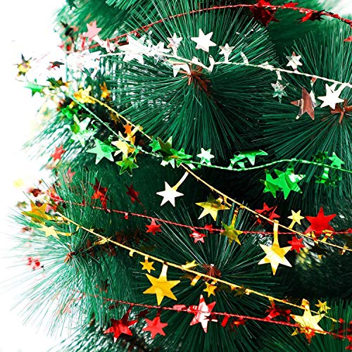 VEYLIN 25ft Star Shaped Tinsel Wire Garland for Christmas Trees Decoration (Silver)