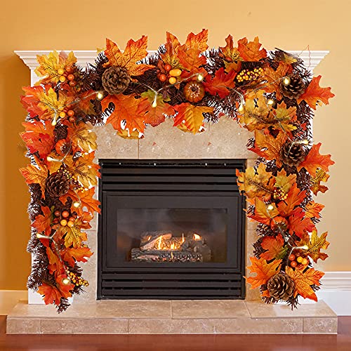 BT Chou Autumn Decorations 5.9Ft Autumn Garland with LED Light Artificial Maple Leaves Garlands Rattan With Pumpkins Berry Pine Cones Ornament for Halloween Christmas Thanksgiving Party Fall Decor