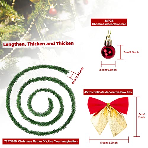 NefLaca 72FT/22M Christmas Garland with 48Pcs Christmas Bows 45Pcs Christmas balls Decoration Artificial Pine Garland for Outdoor Indoor Christmas Home Garden Holiday Wedding Party Stairs Fireplace