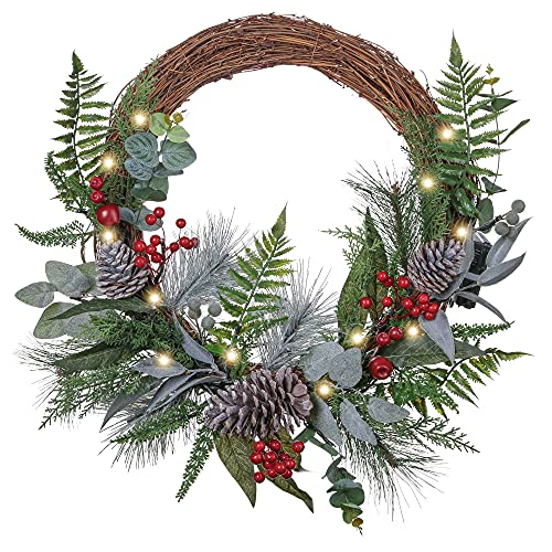 Valery Madelyn 24 inch Pre-lit Spring Wreath for Front Door, Country Red Green White Wreath with Pine Cones, Christmas Reef with Led Lights and Timer Function for Christmas Party Decoration