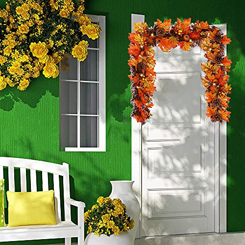 BT Chou Autumn Decorations 5.9Ft Autumn Garland with LED Light Artificial Maple Leaves Garlands Rattan With Pumpkins Berry Pine Cones Ornament for Halloween Christmas Thanksgiving Party Fall Decor