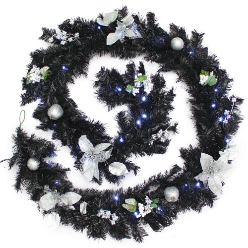WeRChristmas Pre-Lit Decorated Garland, 40 Ice White LED Lights, Black & Silver, 9 ft / 2.7 m, Fabric, Black/Silver