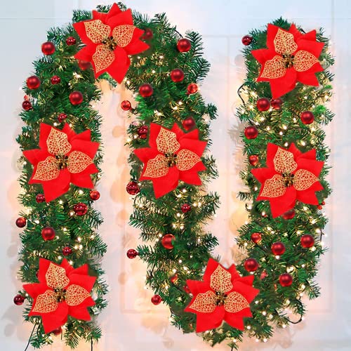 9FT Christmas Garland, Christmas Garland with Lights, Garland Decorations Christmas for Stairs Fireplace, Xmas Garlands for Stairs Xmas Tree Décor Christmas Fireplace Decorations