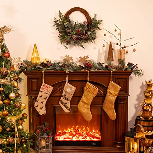 Valery Madelyn 24 inch Pre-lit Spring Wreath for Front Door, Country Red Green White Wreath with Pine Cones, Christmas Reef with Led Lights and Timer Function for Christmas Party Decoration