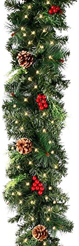 Keyohome 6FT Christmas Garland Decoration with Led Lights Pre-lit Christmas Garland Decor with 30 LED Light PineCone Red Berries Baubles for Christmas Wedding Bedroom