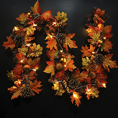 BT Chou Autumn Decorations 5.9Ft Autumn Garland with LED Light Artificial Maple Leaves Garlands Rattan With Pumpkins Berry Pine Cones Ornament for Halloween Christmas Thanksgiving Party Fall Decor