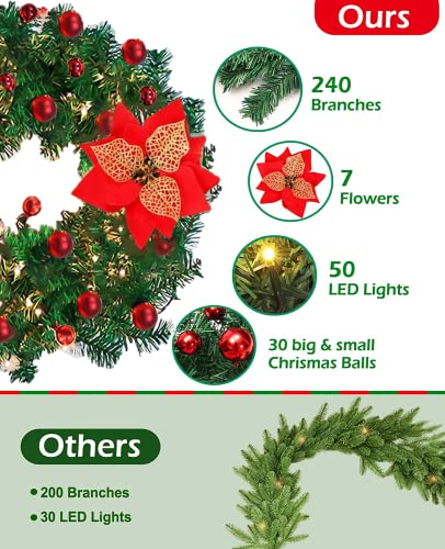 9FT Christmas Garland, Christmas Garland with Lights, Garland Decorations Christmas for Stairs Fireplace, Xmas Garlands for Stairs Xmas Tree Décor Christmas Fireplace Decorations