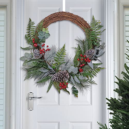 Valery Madelyn 24 inch Pre-lit Spring Wreath for Front Door, Country Red Green White Wreath with Pine Cones, Christmas Reef with Led Lights and Timer Function for Christmas Party Decoration