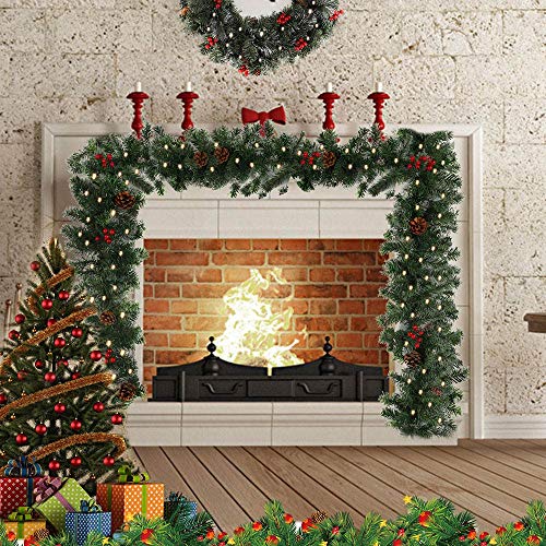 Keyohome 6FT Christmas Garland Decoration with Led Lights Pre-lit Christmas Garland Decor with 30 LED Light PineCone Red Berries Baubles for Christmas Wedding Bedroom