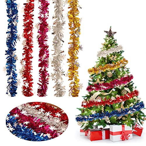 Tinsel Garland Decorations, 5 Pcs Snowflake Tinsel Garland 30 Feet/9M Christmas Garland Classic Shiny Soft Foil Tinsel for Christmas Tree Wreath Birthday Wedding Party Decorations