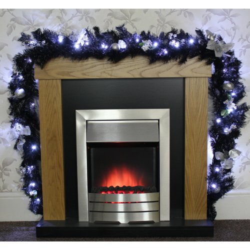 WeRChristmas Pre-Lit Decorated Garland, 40 Ice White LED Lights, Black & Silver, 9 ft / 2.7 m, Fabric, Black/Silver