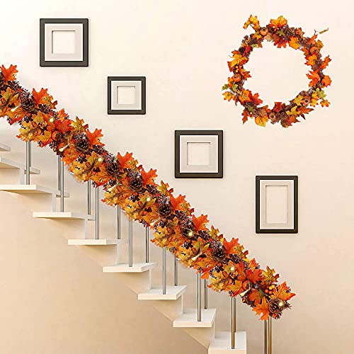 BT Chou Autumn Decorations 5.9Ft Autumn Garland with LED Light Artificial Maple Leaves Garlands Rattan With Pumpkins Berry Pine Cones Ornament for Halloween Christmas Thanksgiving Party Fall Decor