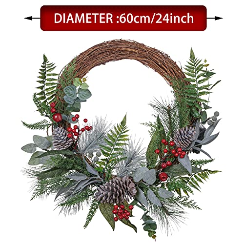 Valery Madelyn 24 inch Pre-lit Spring Wreath for Front Door, Country Red Green White Wreath with Pine Cones, Christmas Reef with Led Lights and Timer Function for Christmas Party Decoration