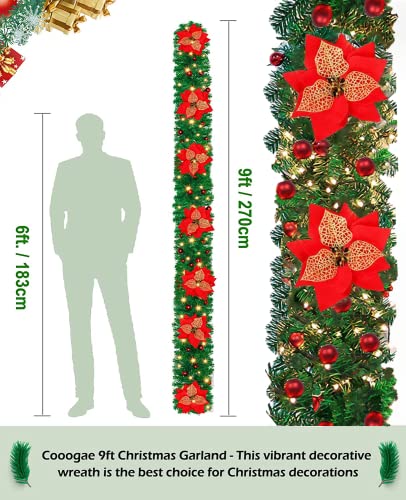 9FT Christmas Garland, Christmas Garland with Lights, Garland Decorations Christmas for Stairs Fireplace, Xmas Garlands for Stairs Xmas Tree Décor Christmas Fireplace Decorations