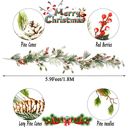 Christmas Pine Needle Garland,1.8 M Christmas Pinecones Garland Artificial Christmas Garland with Holly Leaves Pine Needles Red Berry Holiday Garland for Winter Home Mantle Fireplace Stairs Decoration