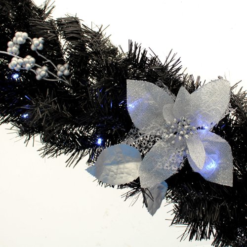 WeRChristmas Pre-Lit Decorated Garland, 40 Ice White LED Lights, Black & Silver, 9 ft / 2.7 m, Fabric, Black/Silver