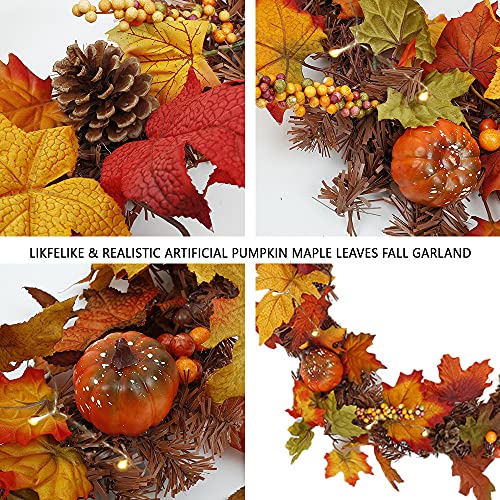 BT Chou Autumn Decorations 5.9Ft Autumn Garland with LED Light Artificial Maple Leaves Garlands Rattan With Pumpkins Berry Pine Cones Ornament for Halloween Christmas Thanksgiving Party Fall Decor