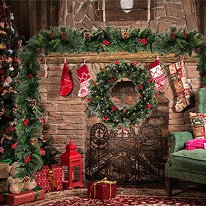 Keyohome 6FT Christmas Garland Decoration with Led Lights Pre-lit Christmas Garland Decor with 30 LED Light PineCone Red Berries Baubles for Christmas Wedding Bedroom