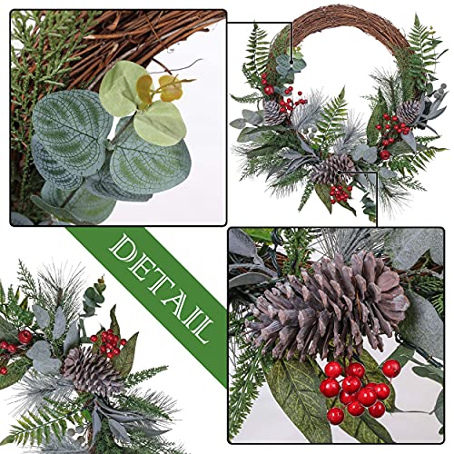 Valery Madelyn 24 inch Pre-lit Spring Wreath for Front Door, Country Red Green White Wreath with Pine Cones, Christmas Reef with Led Lights and Timer Function for Christmas Party Decoration