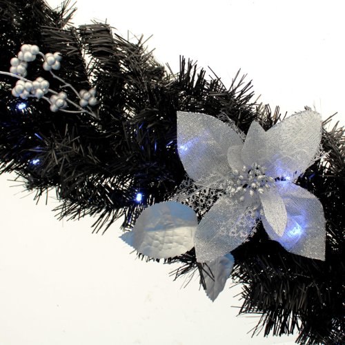 WeRChristmas Pre-Lit Decorated Garland, 40 Ice White LED Lights, Black & Silver, 9 ft / 2.7 m, Fabric, Black/Silver