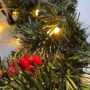 Keyohome 6FT Christmas Garland Decoration with Led Lights Pre-lit Christmas Garland Decor with 30 LED Light PineCone Red Berries Baubles for Christmas Wedding Bedroom