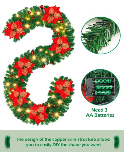 9FT Christmas Garland, Christmas Garland with Lights, Garland Decorations Christmas for Stairs Fireplace, Xmas Garlands for Stairs Xmas Tree Décor Christmas Fireplace Decorations