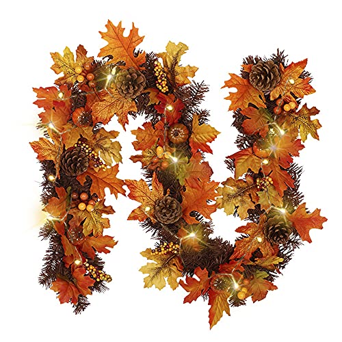 BT Chou Autumn Decorations 5.9Ft Autumn Garland with LED Light Artificial Maple Leaves Garlands Rattan With Pumpkins Berry Pine Cones Ornament for Halloween Christmas Thanksgiving Party Fall Decor
