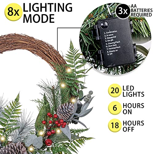 Valery Madelyn 24 inch Pre-lit Spring Wreath for Front Door, Country Red Green White Wreath with Pine Cones, Christmas Reef with Led Lights and Timer Function for Christmas Party Decoration