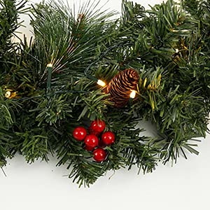 Keyohome 6FT Christmas Garland Decoration with Led Lights Pre-lit Christmas Garland Decor with 30 LED Light PineCone Red Berries Baubles for Christmas Wedding Bedroom
