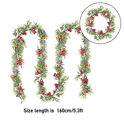 Qune Christmas Garland 5.3 Ft Red Berry Artificial Garland,Red with Pine Cone Garland, Rattan for Fireplace Xmas Party Décor, 160cm, a01