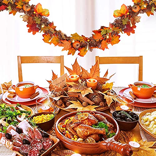 BT Chou Autumn Decorations 5.9Ft Autumn Garland with LED Light Artificial Maple Leaves Garlands Rattan With Pumpkins Berry Pine Cones Ornament for Halloween Christmas Thanksgiving Party Fall Decor