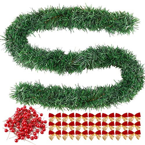 72Feet/22M Christmas Garland with 24Pcs Christmas Bows and 100Pcs Christmas Berries Artificial Christmas Pine Green Garland for Tree Stairs Fireplaces Garden Decoration
