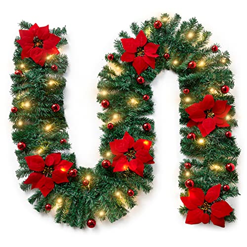 Christmas Stair Garland with Lights, 9FT/2.7M Wreath Fireplace Garlands Decorations with Lights, Flower and Ball for Fireplace Stairs Wall Door Xmas Tree Garden Yard Holiday Decor, Red