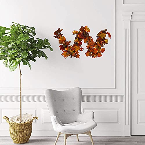 BT Chou Autumn Decorations 5.9Ft Autumn Garland with LED Light Artificial Maple Leaves Garlands Rattan With Pumpkins Berry Pine Cones Ornament for Halloween Christmas Thanksgiving Party Fall Decor