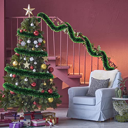 32.8 Feet Christmas Tinsel Garland,Dark Green/Light green Christmas Decorations, Chunky Metallic Shiny Garland Christmas Tree Hanging Decorations for Xmas Holiday Indoor Outdoor Party Decor