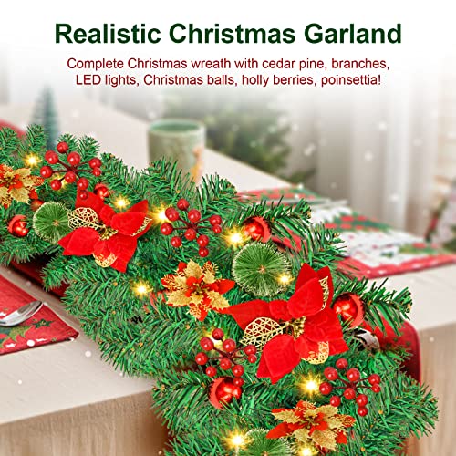270cm (9ft) Pre-Lit Decorated Garland|Christmas Garland Decoration, Christmas Garland with Lights for Xmas Tree Stairs Décor Christmas Fireplace Decorations (Red)
