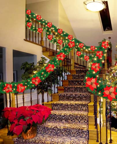 9FT Christmas Garland, Christmas Garland with Lights, Garland Decorations Christmas for Stairs Fireplace, Xmas Garlands for Stairs Xmas Tree Décor Christmas Fireplace Decorations