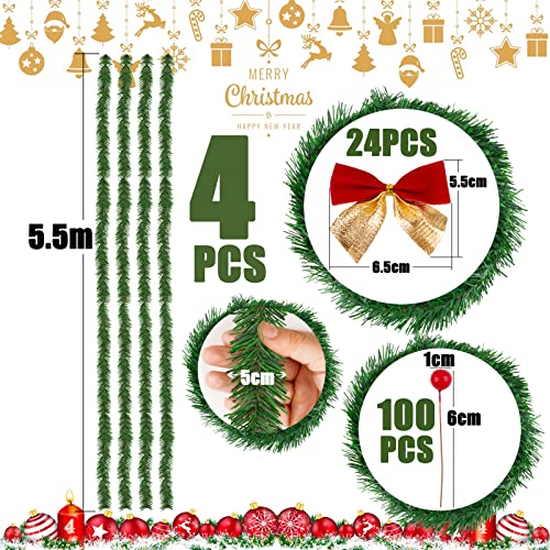 72Feet/22M Christmas Garland with 24Pcs Christmas Bows and 100Pcs Christmas Berries Artificial Christmas Pine Green Garland for Tree Stairs Fireplaces Garden Decoration