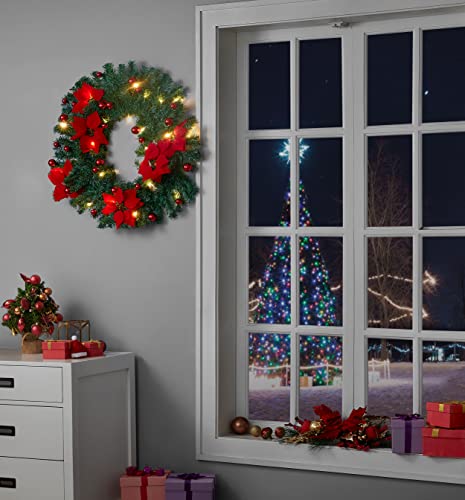 Christmas Stair Garland with Lights, 9FT/2.7M Wreath Fireplace Garlands Decorations with Lights, Flower and Ball for Fireplace Stairs Wall Door Xmas Tree Garden Yard Holiday Decor, Red