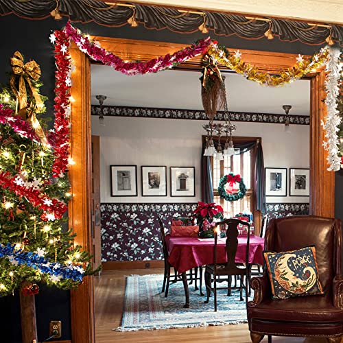 Tinsel Garland Decorations, 5 Pcs Snowflake Tinsel Garland 30 Feet/9M Christmas Garland Classic Shiny Soft Foil Tinsel for Christmas Tree Wreath Birthday Wedding Party Decorations