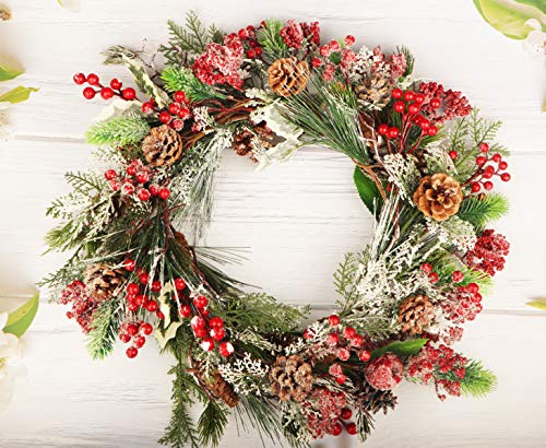 Christmas Pine Needle Garland,1.8 M Christmas Pinecones Garland Artificial Christmas Garland with Holly Leaves Pine Needles Red Berry Holiday Garland for Winter Home Mantle Fireplace Stairs Decoration
