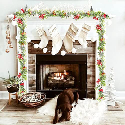 Qune Christmas Garland 5.3 Ft Red Berry Artificial Garland,Red with Pine Cone Garland, Rattan for Fireplace Xmas Party Décor, 160cm, a01