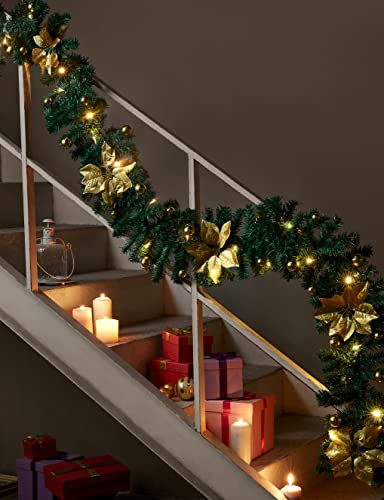 Christmas Stair Garland with Lights, 9FT/2.7M Wreath Fireplace Garlands Decorations with Lights, Flower and Ball for Fireplace Stairs Wall Door Xmas Tree Garden Yard Holiday Decor, Red