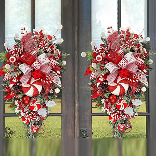 Christmas Teardrop Swag Wreath,Candy Cane Christmas Decorations for Front Door | Winter Holiday Hanging Ornaments for Fireplace, Window, Front Door